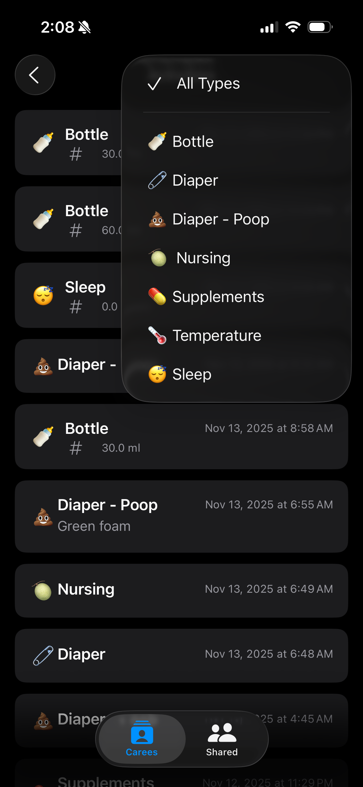 Activity history list