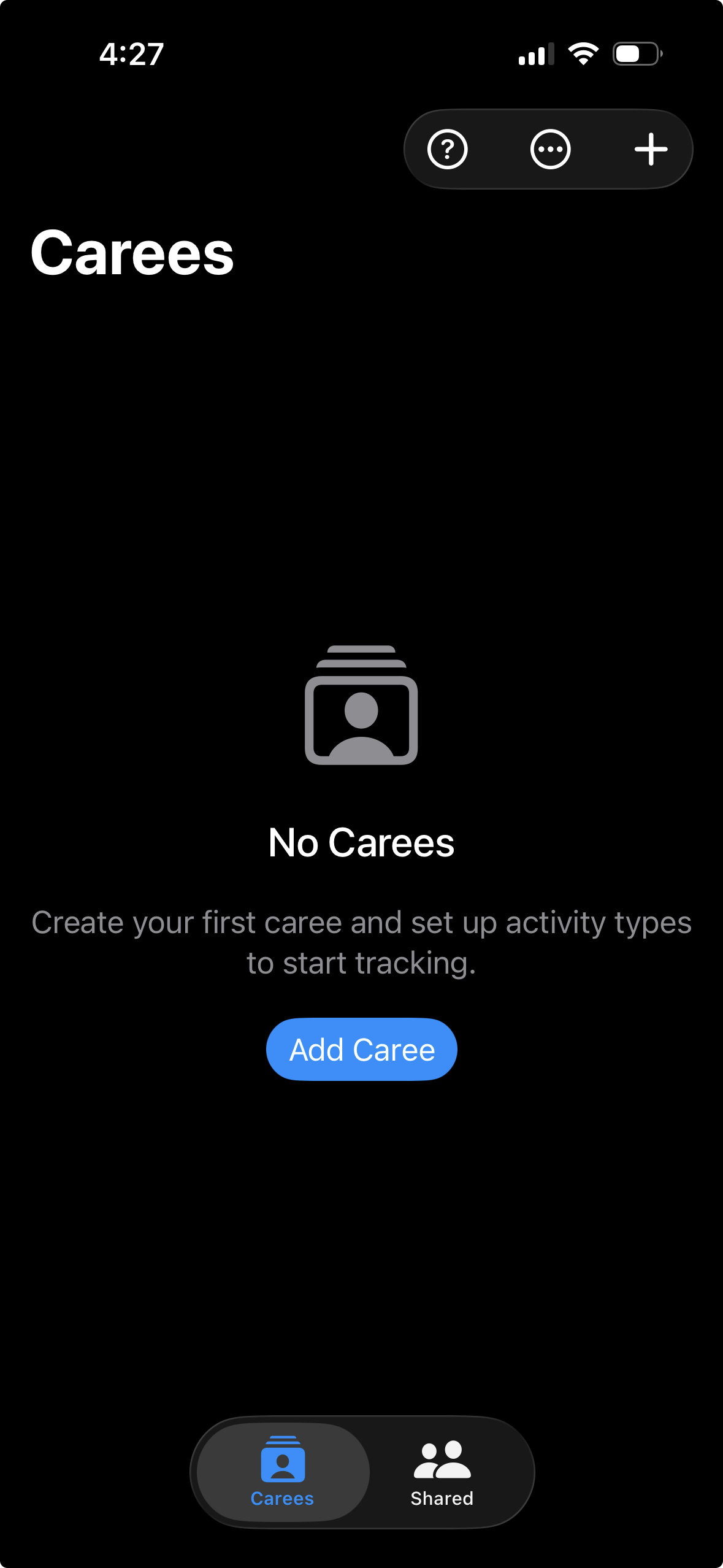 Empty carees list with "Add your first caree" prompt