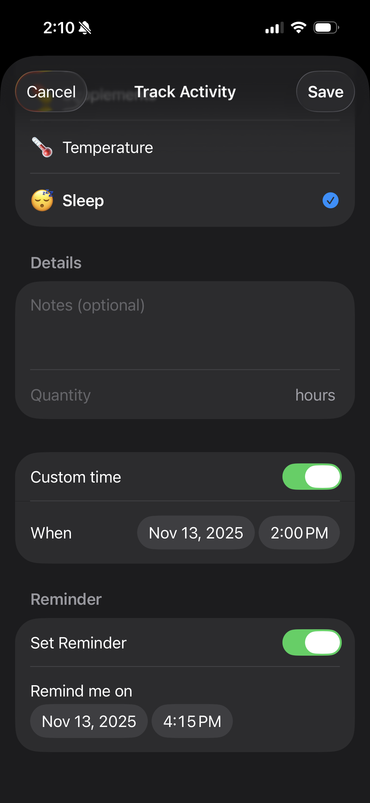 iOS activity detail view showing reminder toggle and date picker