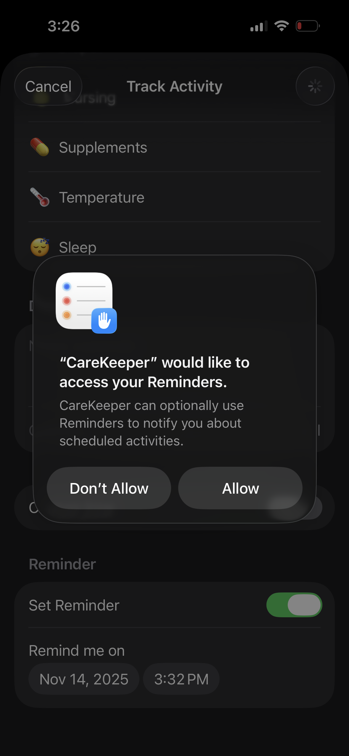 Permission request screens - Reminders