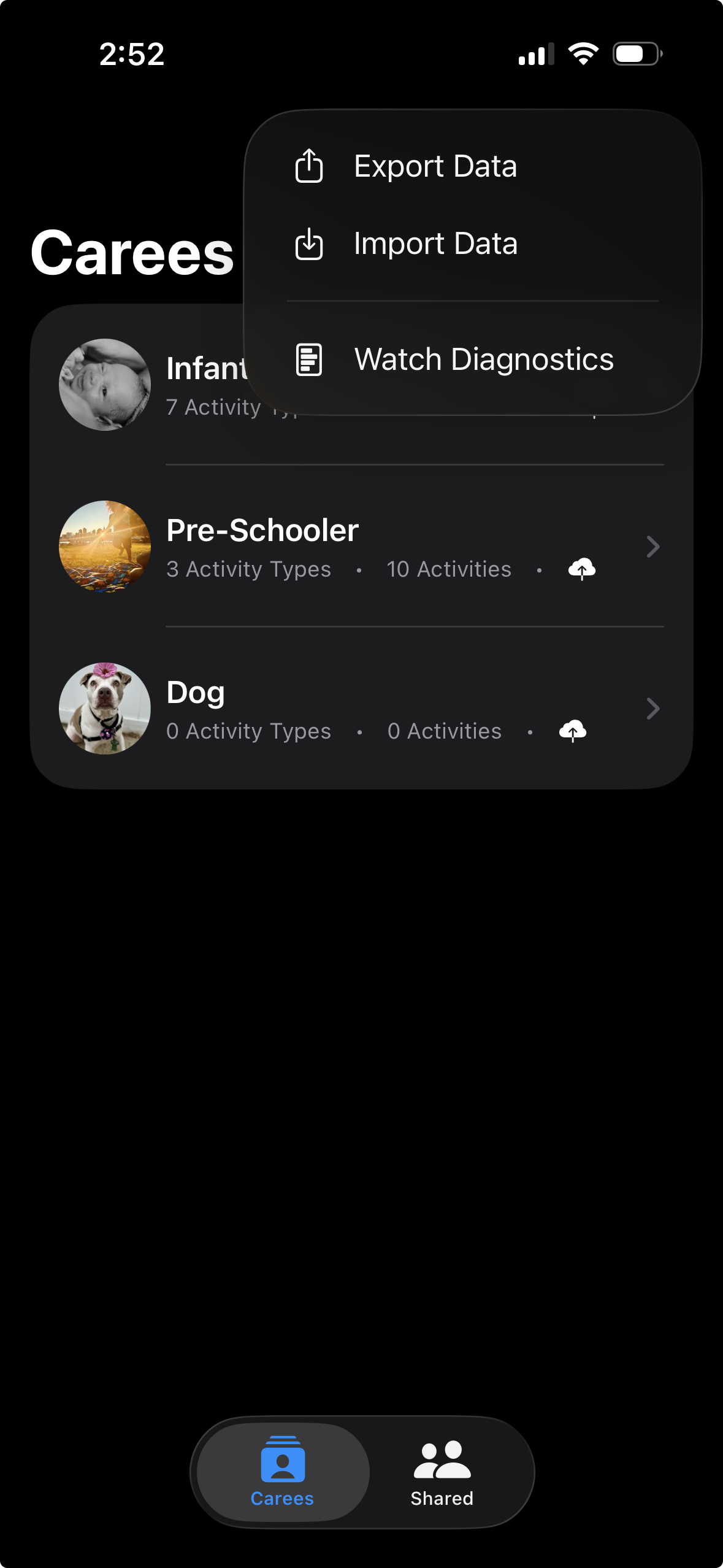 Settings screen with Export Data option