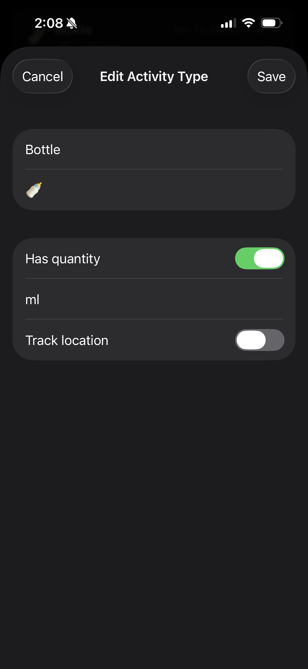 Single "Bottle" activity type