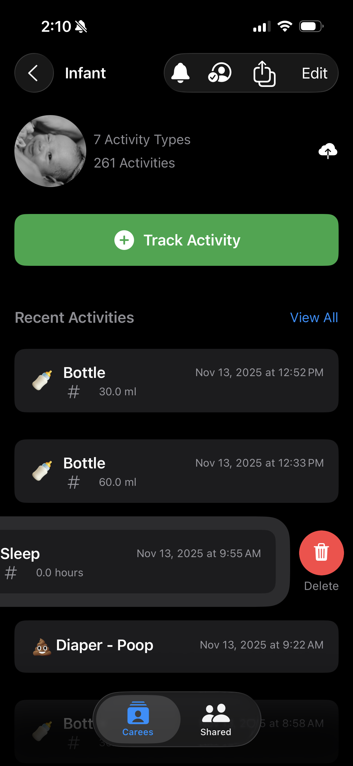 Swipe left to delete
