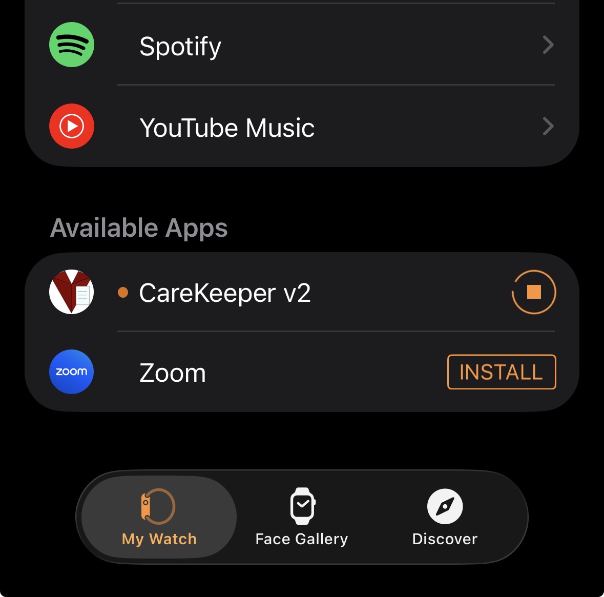Watch app showing CareKeeper installation