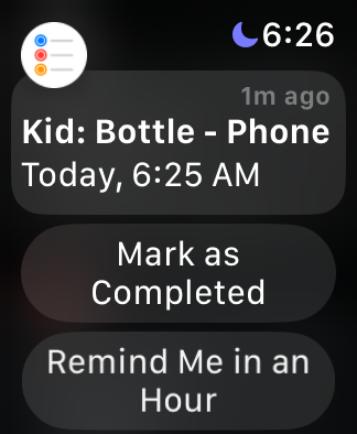 watchOS showing a Reminders.app notification synced from iPhone