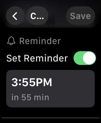 watchOS Track Activity view showing reminder toggle with minutes-from-now crown control